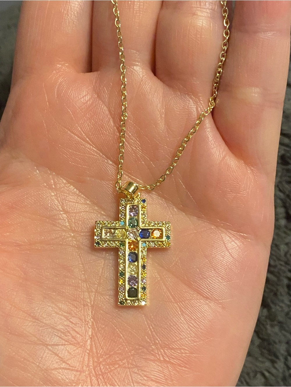 Gold plated Multicolor Gem Cross Pendant Necklace